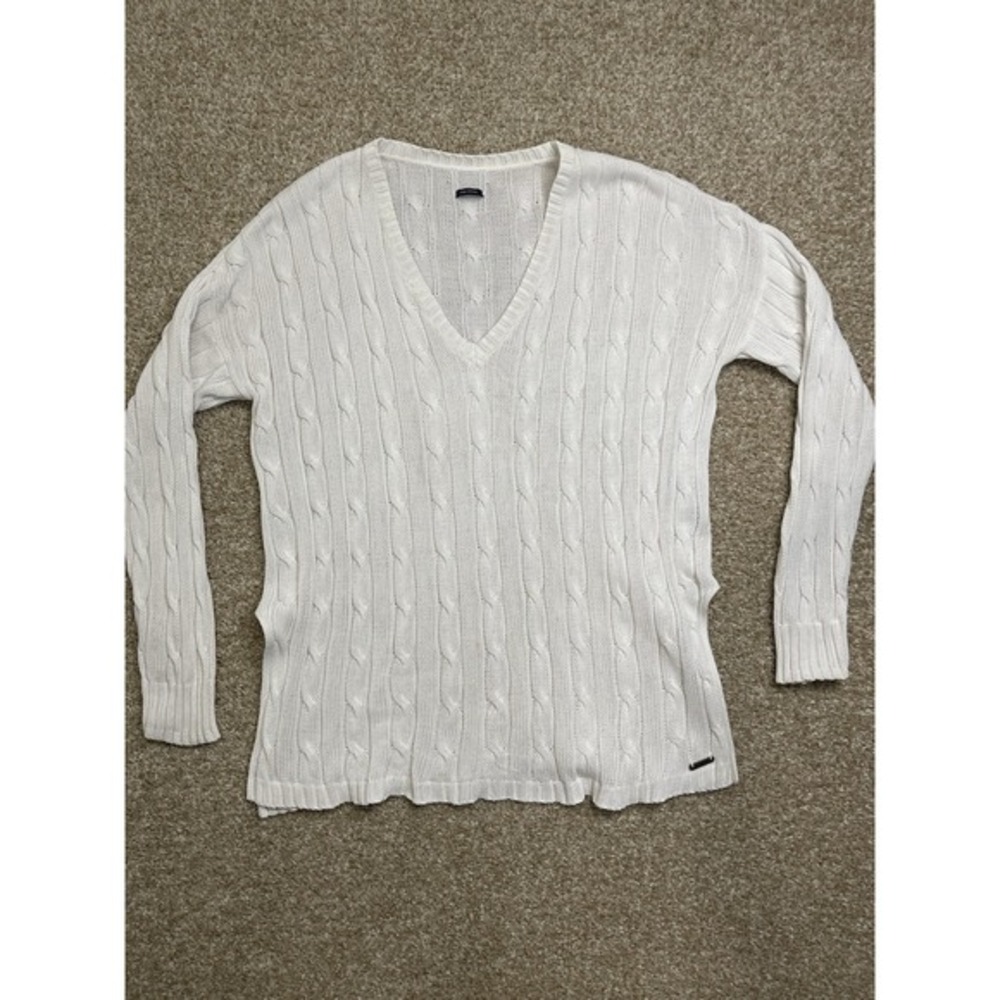 Polo‎ Ralph Lauren Women's White Cable Knit V-Neck Cotton Blend Sweater